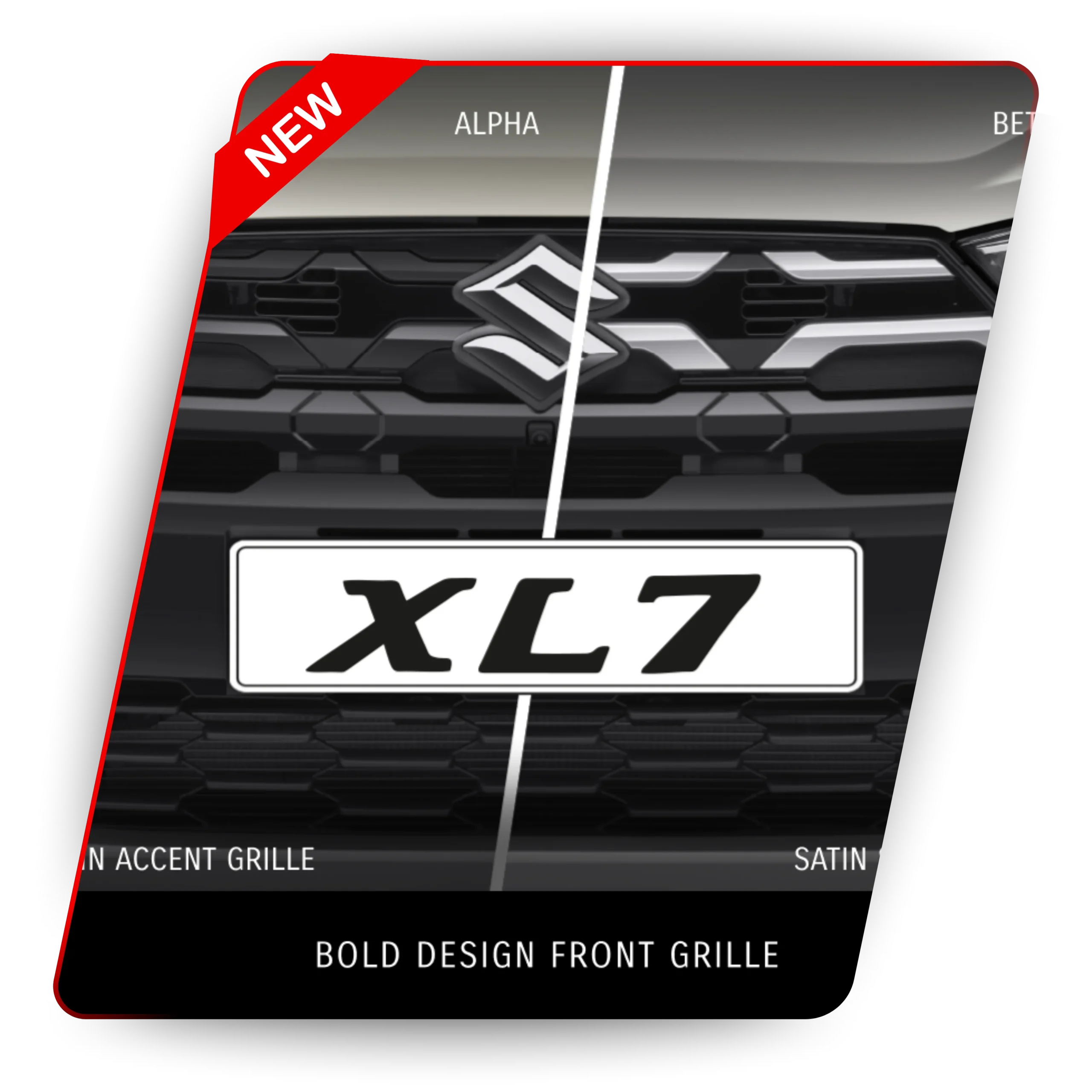 Gril depan Suzuki XL7 terbaru, menampilkan perbandingan varian Alpha dengan aksen hitam dan Beta dengan finishing satin, tersedia di dealer Suzuki Indomobil Kota Batam.