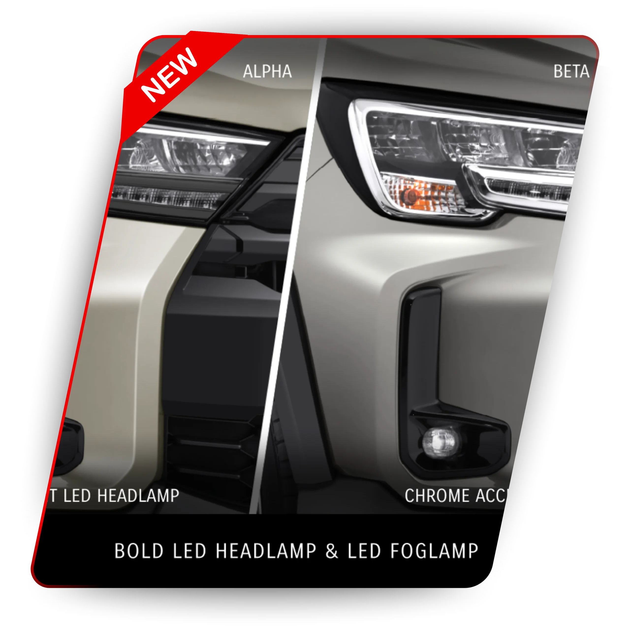 Gambar perbandingan lampu depan LED dan lampu kabut LED pada dua varian mobil Suzuki, Alpha dan Beta, yang tersedia di Kota Batam.
