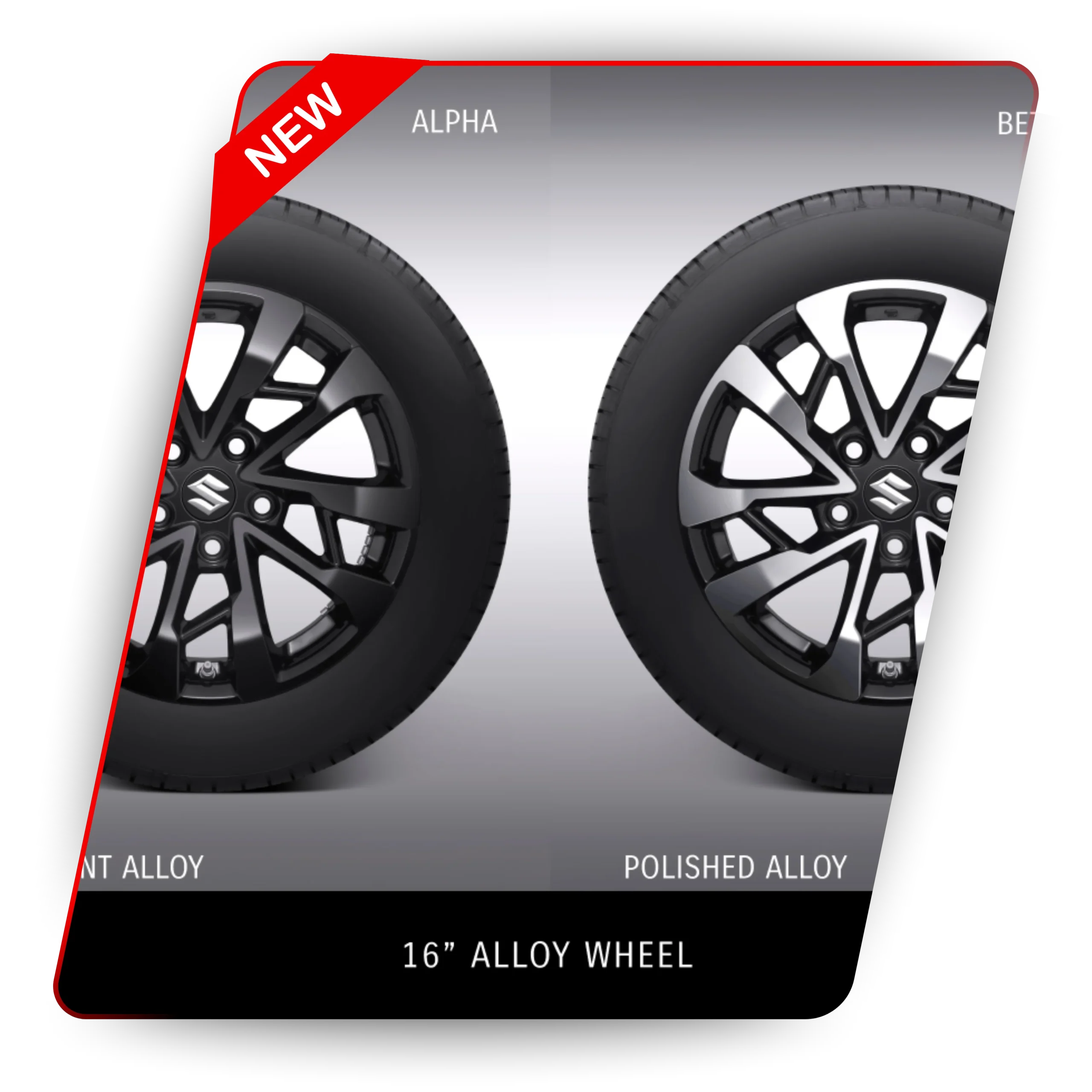 Gambar menampilkan dua pilihan velg alloy 16 inci terbaru untuk kendaraan Suzuki, dengan model Alpha berwarna gunmetal dan model Beta dengan polished alloy, tersedia di Suzuki Indomobil Batam, Kota Batam.