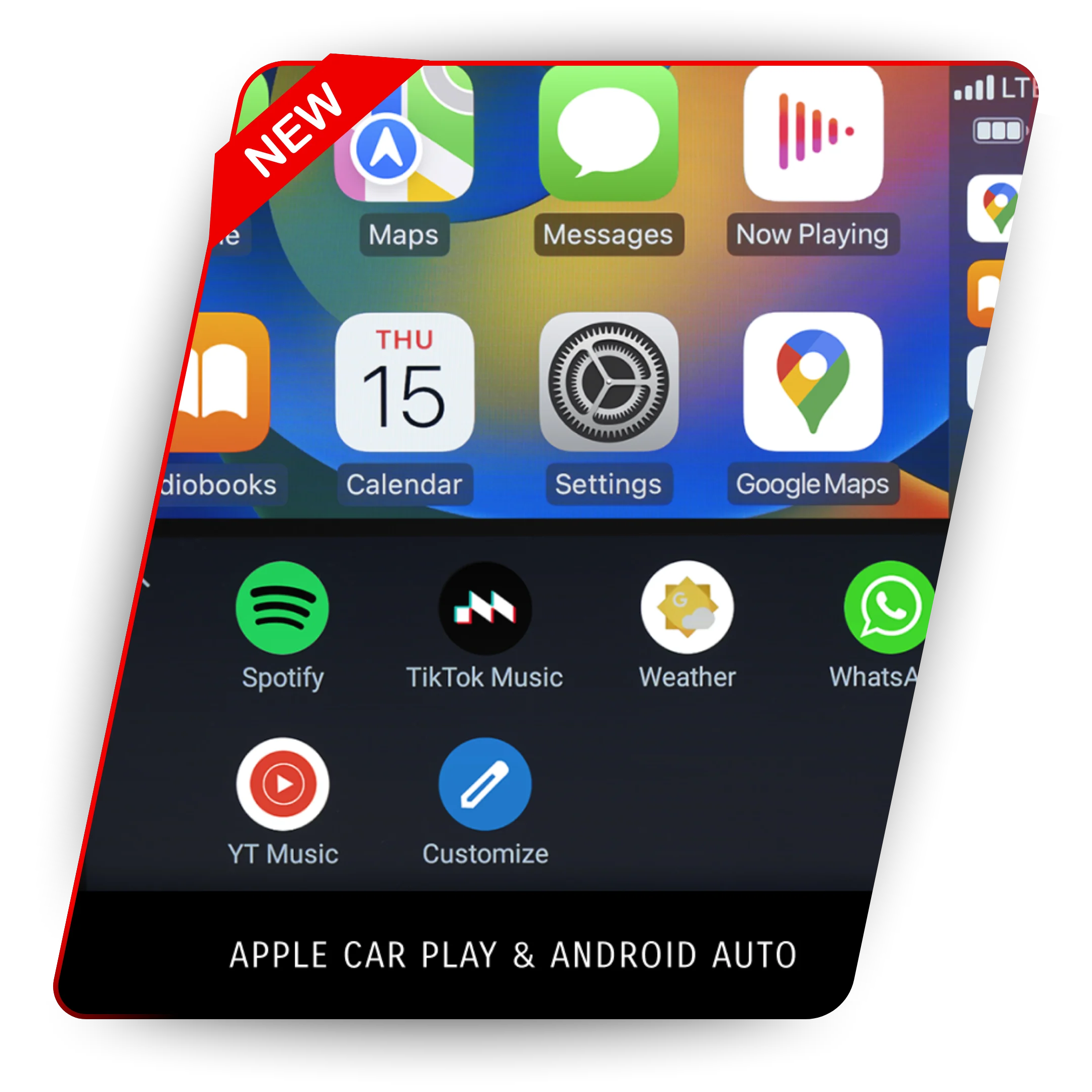Tampilan layar infotainment mobil modern dengan fitur baru Apple CarPlay dan Android Auto, menampilkan berbagai ikon aplikasi seperti Maps, Messages, Spotify, dan Google Maps. Fitur ini cocok untuk kenyamanan berkendara di Kota Batam.
